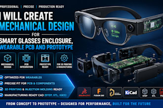 create mechanical design for smart glasses enclosure, wearable pcb prototype