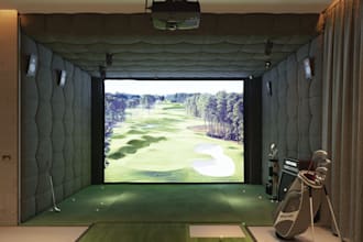 redesign 3d indoor golf,cgi golf simulator interior layout render,3d indoor game
