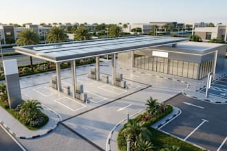 design 3d gas station, e trucks station, ev charging station canopy with renders