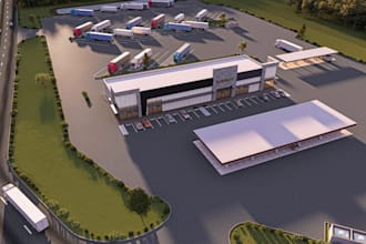 design 3d modern strip mall,cityscape design,gray stone facade,industrial park