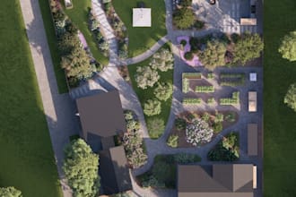 render proposed landscape surroundings, site layout design,garden outdoor visual