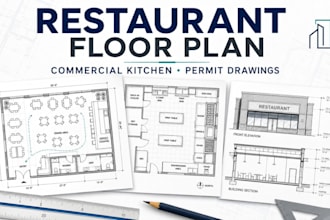 draw restaurant floor plan, commercial kitchen and permit drawings