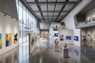 design 3d art gallery interior, 3d museum exhibition render, nft and metaverse