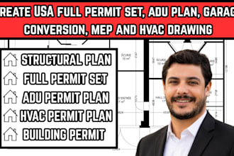 usa full permit set, adu plan, garage conversion, mep and hvac drawing, ca,mi,tx