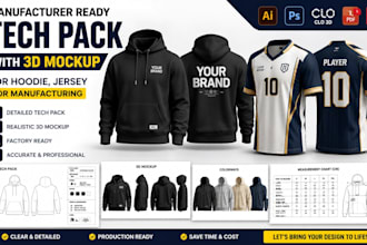 create fashion tech pack with 3d mockup for hoodie, jersey for manufacturing