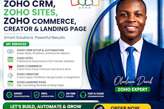 set up zoho CRM, zoho sites, zoho commerce, creator and landing page