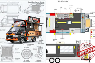 design custom food truck layout, 3d interior exterior and permit blueprints