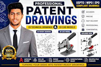 create professional patent drawings, patent illustrations, 2d technical drawings