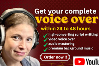 write script and record a commercial american female video voice over with music