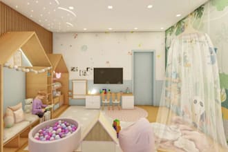 improve 3d kids room interior, designer nursery, furniture layout and rendering