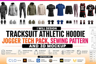 design tracksuit athletic hoodie jogger tech pack sewing pattern and 3d mockup