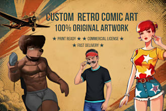 draw retro comic illustration, vintage poster, pop art and tshirt artwork, draw