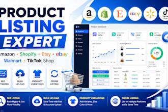 upload product listings on amazon, etsy, ebay, walmart, shopify and tiktok shop