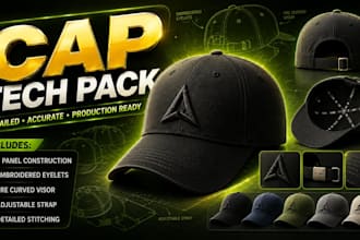 create factory ready cap and hat tech pack with technical flats for production