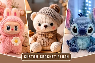 custom plushie amigurumi teddy bear toys, soft plush crochet pattern doll labubu