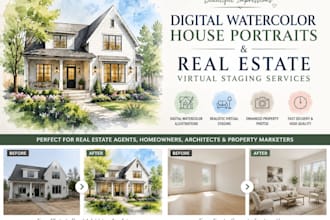 create digital watercolor house portraits and real estate virtual staging