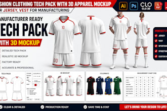 create tech pack with 3d apparel mockup for jersey, vest for manufacturing