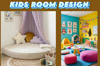 design realistic 3d nursery, kids bedroom, toddler room and playroom interior