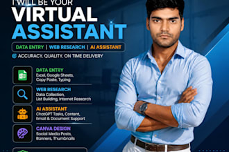 data entry, web research, excel work, canva design and ai virtual assist