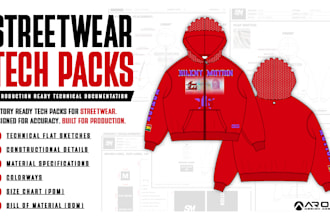 create streetwear tech pack and technical flat sketches
