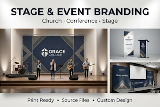 design church stage graphics, conference banner and event backdrop