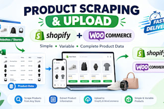 scrape products from any website and upload to shopify or woocommerce