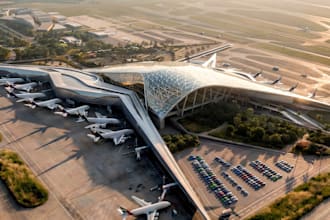 design realistic 3d airport terminal, aviation hub and airport building