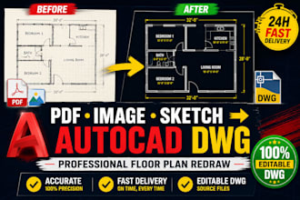 redraw floor plan in autocad from PDF image or sketch to dwg redraw architecture