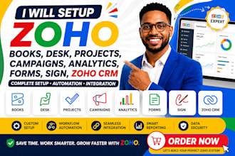 setup zoho books, desk, projects, campaigns, analytics, forms, sign, zoho crm
