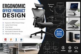 do ergonomic office product design, laptop stand, chair design, 3d rendering
