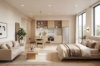 design airbnb, studio apartment and tiny house interiors in 3d