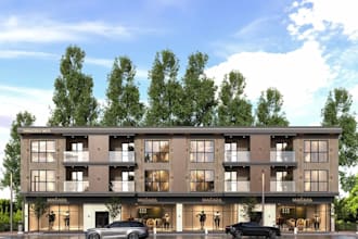 render 3d apartment house, mixed use exterior, commercial building visualization