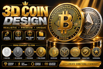 create realistic 3d coin design, crypto coin, 3d medal, and commemorative coin
