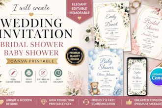 create wedding invitation, bridal shower, baby shower canva printable