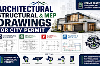 architectural plan structural and mep drawing for city permit in wi tn tx ny in