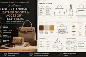 create luxury handbag, leather goods and accessory tech packs for fashion brands