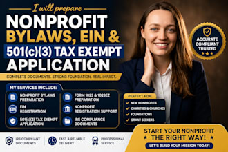 prepare nonprofit bylaws, ein, and 501c3 tax exempt application fast