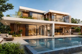 design house interior or exterior facade design, 3d rendering, 3d modeling