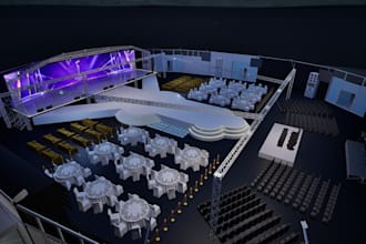 design realistic 3d event stage, concert stage, wedding hall and event lighting