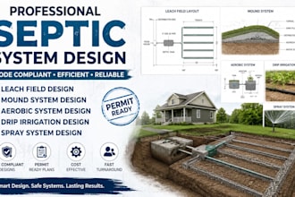 do septic system design with leach field, mound, aerobic, drip irrigation, spray