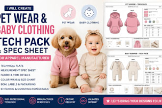 create pet wear, baby clothing tech pack, spec sheet for apparel manufacturer