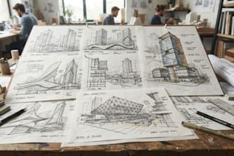 draw detailed line art or sketch illustration for building