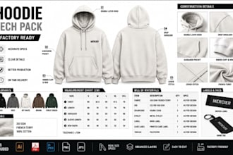 create streetwear tshirt hoodies tech pack with flat sketches for production