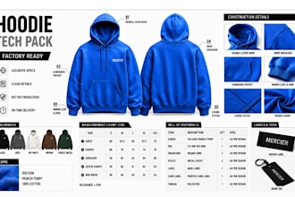 create streetwear tshirt hoodies tech pack with flat sketches for production