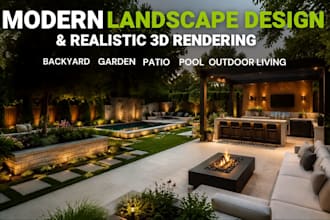 design modern backyard landscape, garden, patio and 2d plan with 3d rendering