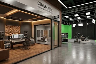 design professional recording studio and film studio in realistic 3d