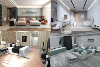 design realistic 3d hotel room, airbnb, vacation rental and hospitality interior