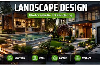 design landscape exterior facade, pool, terrace and backyard 3d rendering