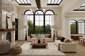 do 3d interior design for living room, kitchen, bathroom, dining, bedroom