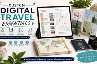 design digital travel planner canva journal workbook, trifold travel guide ebook